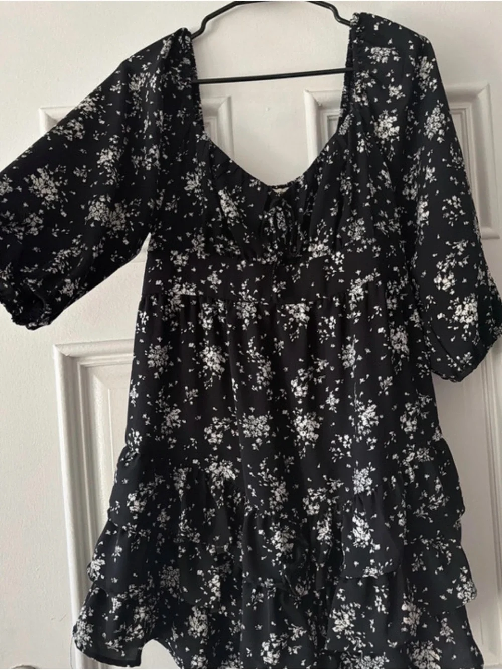 Inspired Hearts Black and White Floral Tie-Front Mini Dress